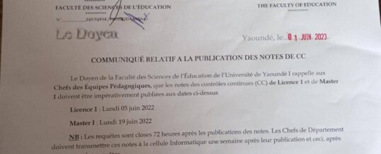 Communiqué de Monsieur le Doyen relatif à la publication des notes de CC