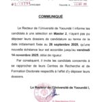 COMMUNIQUÉ DE MONSIEUR LE RECTEUR A L’ATTENTION DES ÉTUDIANTS DE MASTER 2 RELATIF À LA PROROGATION DE LA DATE DE DÉPÔT DES DOSSIERS DE CANDIDATURE DANS LES CENTRES DE RECHERCHE ET DE FORMATION DOCTORALE